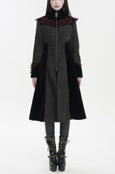 Manteau gothique pour femme brodé de croix en métal avec boucle champignon cloutée en jacquard noir